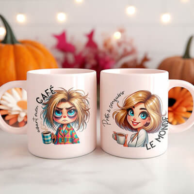 Tasse "Avant/Après Café" Version Blonde – Le Secret de votre Matinée Réussie!