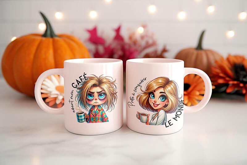 Tasse "Avant/Après Café" Version Blonde – Le Secret de votre Matinée Réussie!